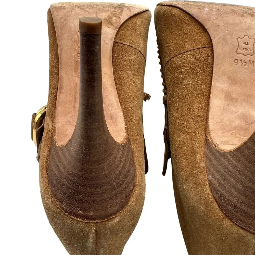 Tory Burch Womens Belen 9.5 Suede Stiletto Ankle Boots Booties Tan Camel Buckles